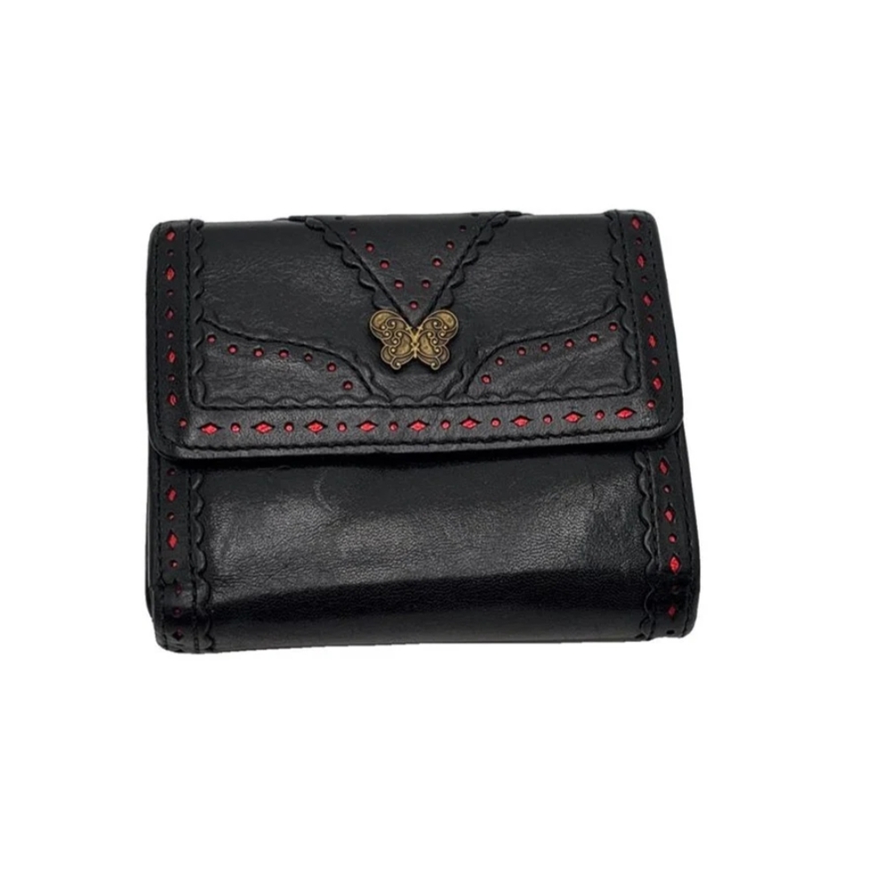 ANNA SUI Black Leather Tri-Fold Wallet